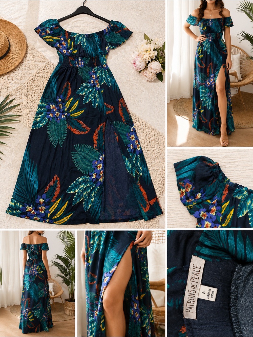 Patrons of Peace Navy Floral Off-Shoulder Maxi Dress with Teal & Green Leaves